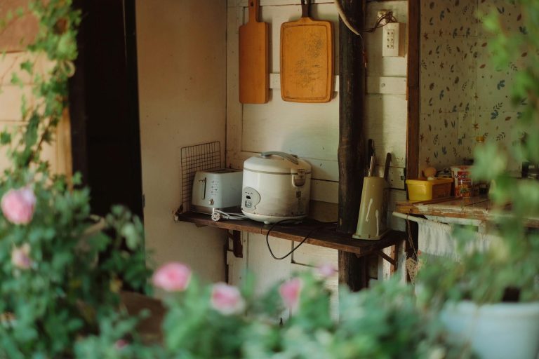 cozy rustic kitchen with rice cooker and flowers