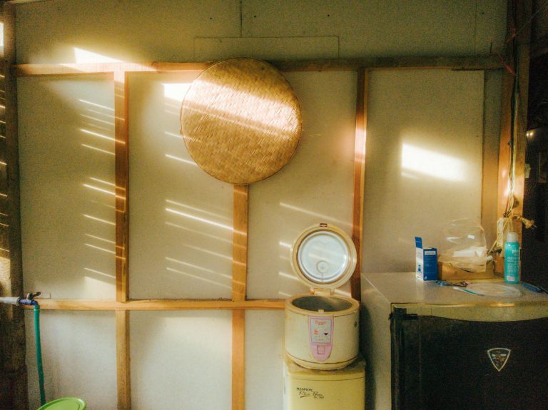 film photo of a kitchen with vintage appliances