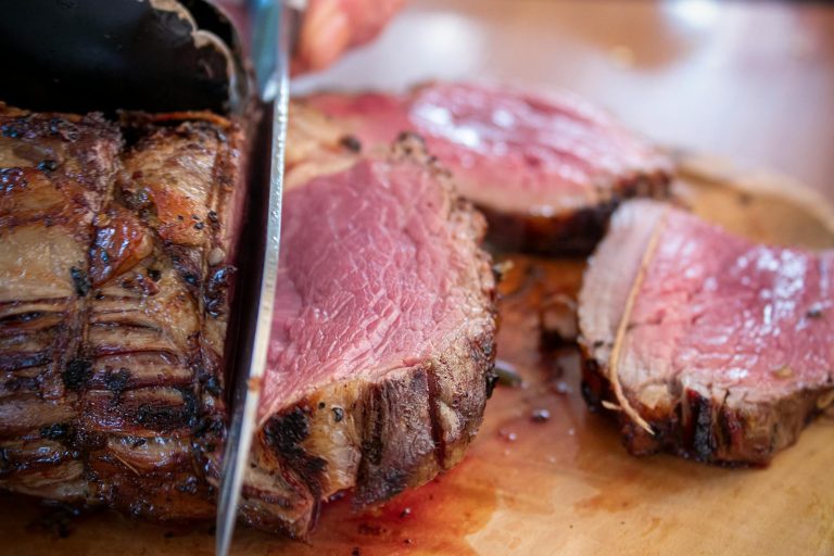 close up of sliced juicy roast beef